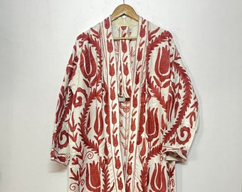 Embroidery Cotton Suzani Jacket, Suzani Long Kimono With Belt, Winter Wear Long Coat, Indian Cotton Embroidery Kimono, Comfy Suzani Robe