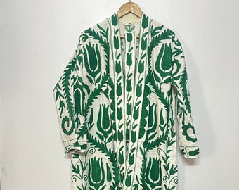 Embroidered Cotton Kimono Robe, Long Suzani Jacket, Free Size Women Wear