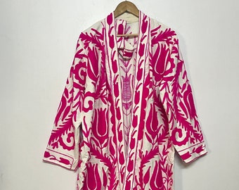 Pink Embroidered Cotton Suzani Kimono, Hand Embroidered Long Kimono Jacket, Winter Wear Women Jacket, Suzani Work Kimono With Belt