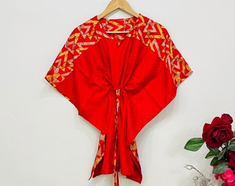 Indian Handmade Silk Short Kaftan, Beautiful Soft Silk Short Kaftan Dress, Women's Printed Caftan Summer Beach Wear Kaftan Night Wear Kaftan
