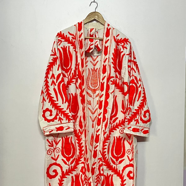 Suzani Hand Embroidered Long Kimono, Winter Warmed Coat For Women, Cotton Suzani Coat Jacket, Orange Color Embroidered Long Kimono Robe