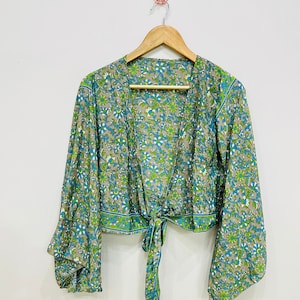 Tie Front Top, Silk Crop Top, Bell Sleeve Top, Women Silk Top, Bohemian Blouse, Beach Cover Up Top, Hippie Top, Summer Top, Gift For Her