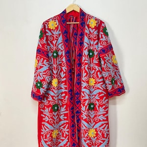 Suzani Jacket, Hand Embroidered Long Jacket, Cotton Suzani Coat, Winter Wear Warm Jacket,Suzani Long Kimono With Belt,Floral Embroidery Coat