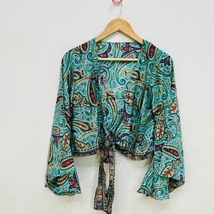 Crop Top For Women, 3 Way Bell Sleeve Top, Beach Cover Up, Indian Silk Top, Silk Wrap Around Top,Bohemian Blouse, Short Dress,Women Silk Top