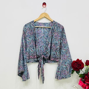 Silk Crop Top For Women - Front Tie Silk Wrap Top - Summer Silk Top - Bell Sleeve Silk Tie Top - Boho Hippie Tie Top - Beach Wear Silk Top