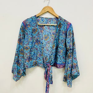 Tie Front Top, Indian Silk Wrap Top, Silk Blouse, 3 Way Bell Sleeve Top, Festival Top, Handmade Silk Top, Women Short Dress, Crop Top