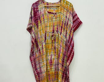 Indian Handmade Silk Kaftan, Tie Dye Long Kaftan, Vacation Dress, Plus Size Kaftan, Women Dress, Dressing Gown, Lounge Dress