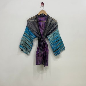 Summer Silk Short Tie Dye Kimono, Hand Tie Dye Kimono For Women, Night Wear Short Robe, Pure Silk Tie Dye Jacket With Belt, Dressing Gown