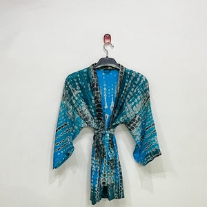Tie Dye Silk Kimono,  Short Boho Duster, Beach Dress, Silk Lounge Wear, Cardigan For Women, Sumer Kimono, Silk Sari Kimono, Gift For Her