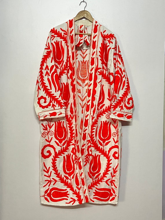 Suzani Hand Embroidered Long Kimono, Winter Warmed Coat for Women