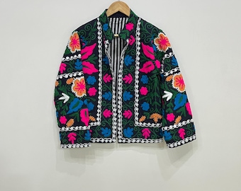 Suzani 刺繍入りコットン ジャケット、ベージュとグリーン サイズ L 