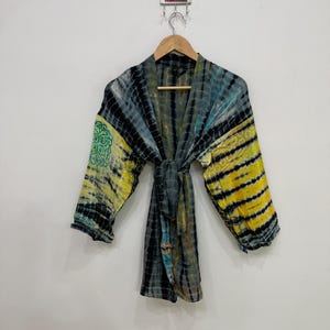 Handmade Tie Dye Kimono Robe, Festival Wrap Jacket, Summer Short Kimono, Beach Cover Up For Women, Silk Sari Kimono, Boho Robe