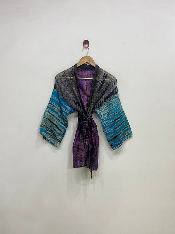 Summer Silk Short Tie Dye Kimono, Hand Tie Dye Kimono for Women