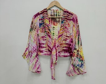 Boho Tie Dye Silk Crop Top, Bell Sleeve Wrap Blouse
