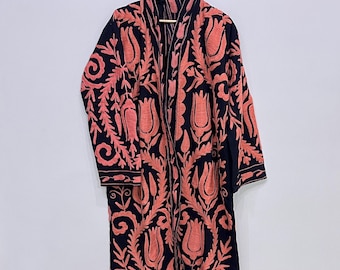 Indian Suzani Embroidery Long Jacket, Winter Wear Cotton Jacket Coat, Women Suzani Kimono Jacket, Hand Embroidered Jacket For Women