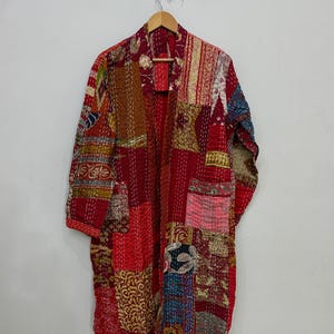 Silk Kantha Quilted Kimono Robe - Handmade Patchwork Boho Robe - Indian Silk Coat - Bohemian Long Winter Coat - Festival Outfit