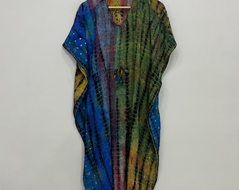 Tie Dye Cotton Kaftan Maxi Dress, Boho Resort Wear