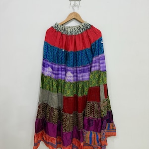 Colorful Maxi Skirt, Silk Patchwork Skirt, Ethnic Tiered Skirt, Hippie Women Skirt, Festival Skirt, Bohemian Long Skirt, Womens Clothing