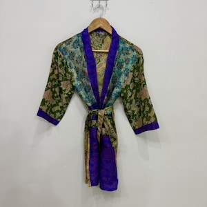 Recycled Silk Sari Patchwork Kimono Jacket, Bohemian Lounge Wear, Festival Robe