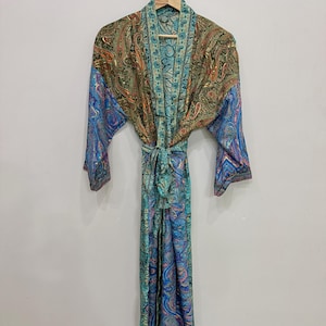 Lightweight Sillk Saree Long Kimono, Boho Lounge Dress, Silk Dressing Gown, Summer Beach Cover Up, Indian Kimono Robe