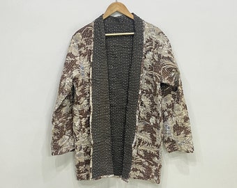 Chaqueta Kantha con estampado floral, abrigo corto reversible de algodón.