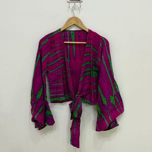 Bohemian Silk Crop Top | Tie Dye Silk Wrap Top | Indian Silk Top | Tie Front Top | Bell Sleeve Silk Top | Boho Chic Blouse | Hippie Silk Top