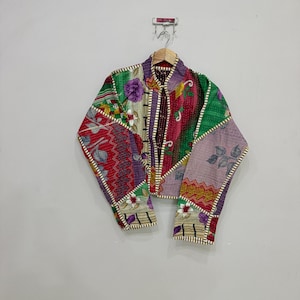 Reversible Kantha Quilted Jacket, Women Patchwork Cotton Jacket, Boho Cropped Jacket, Handmade Indian Coat, Open Front Short Jacket