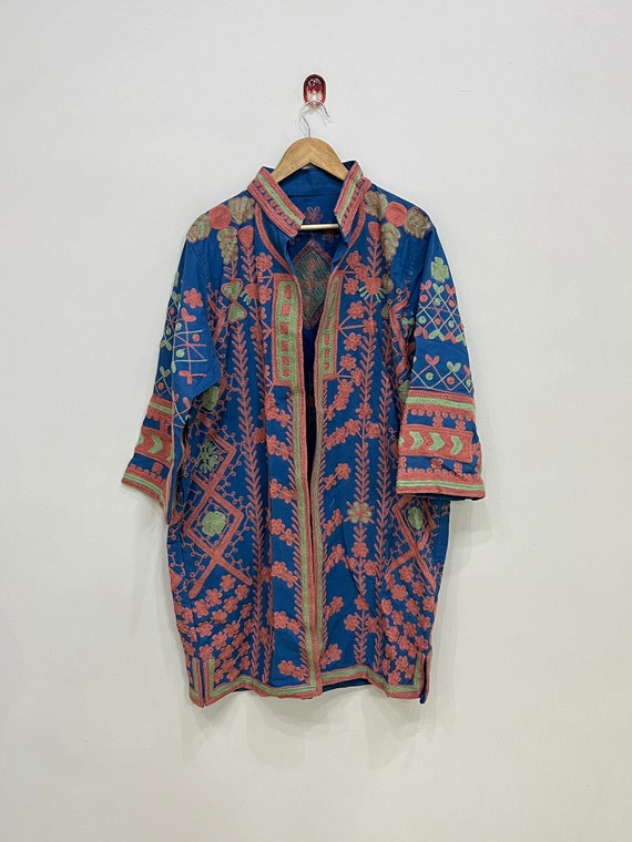 Dark Blue Cotton Suzani Hand Embroidery Jacket Coat, Suzani Coat Womens Suzani Jacket, Indian Cotton Embroidered Jacket, Suzani Kimono Robe