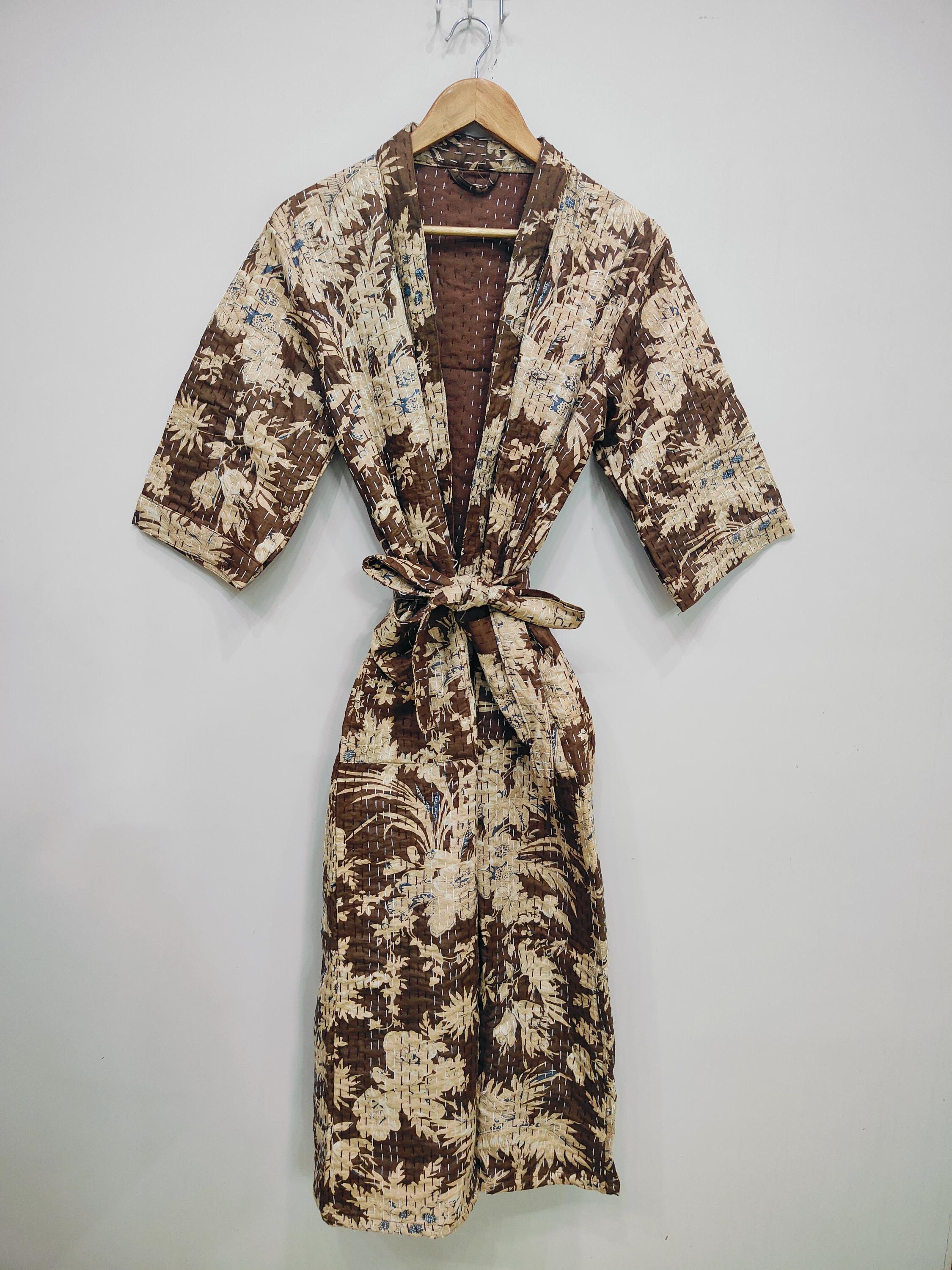 Brown Kantha Kimono Jacket - Handmade Long Quilted Jacket For Women - Floral Print Kimono Robe - Winter Warm Bathrobes