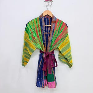Women Patchwork Silk Kimono, Short Kimono Robe, Silk Bathrobe, Tie Dye Robe, Lounge Wear, Maternity Gown, Indian Silk Robe, Gift For Her