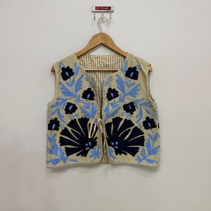 Handmade Suzani Embroidered Jacket, Cotton Jacket, Indian Short Jacket, Boho Waistcoat, Floral Embroidery Vest Jacket, Gift For Her