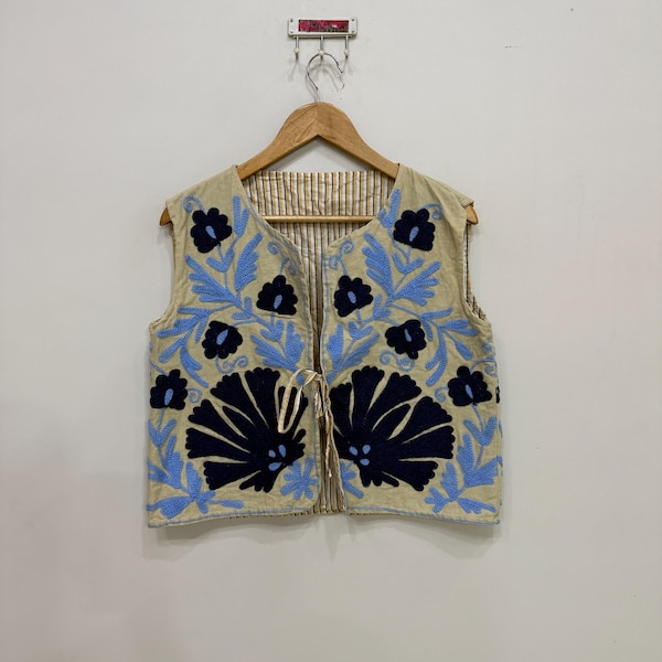 Handmade Suzani Embroidered Jacket, Cotton Jacket, Indian Short Jacket, Boho Waistcoat, Floral Embroidery Vest Jacket, Gift For Her