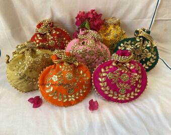 Stylish Gota Work Potli Bag, Women Potli Handbag, Wholesale Lot Of Mix Color, Wedding Clutch Bag, Wedding Favor Gift, Gift For Guests