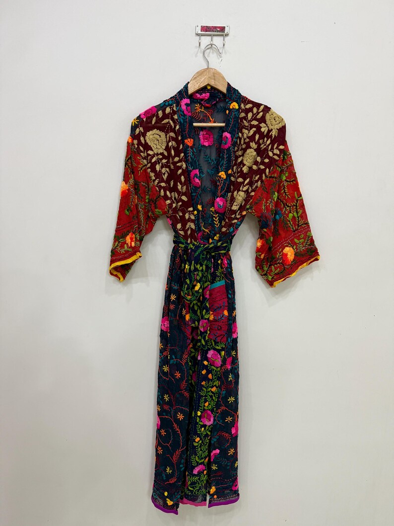 Colourful Robe Colorful Phulkari Kimono Robe , Handmade Georgette Kimono, Floral ...