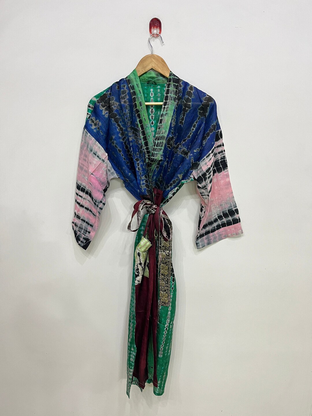 Bohemian Silk Tie Dye Long Kimono, Hand Tie Dye Robe Women Silk