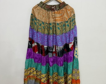 Falda bohemia, falda de patchwork de seda, falda bohemia, falda larga, vestido de playa, ropa de resort, falda escalonada para festivales, falda colorida