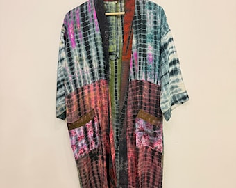 Summer Silk Tie Dye Kimono Robe, Silk Long Dressing Gown, Women Kimono, Bridal Robe, Women Nightwear Kimono, Womens Clothing