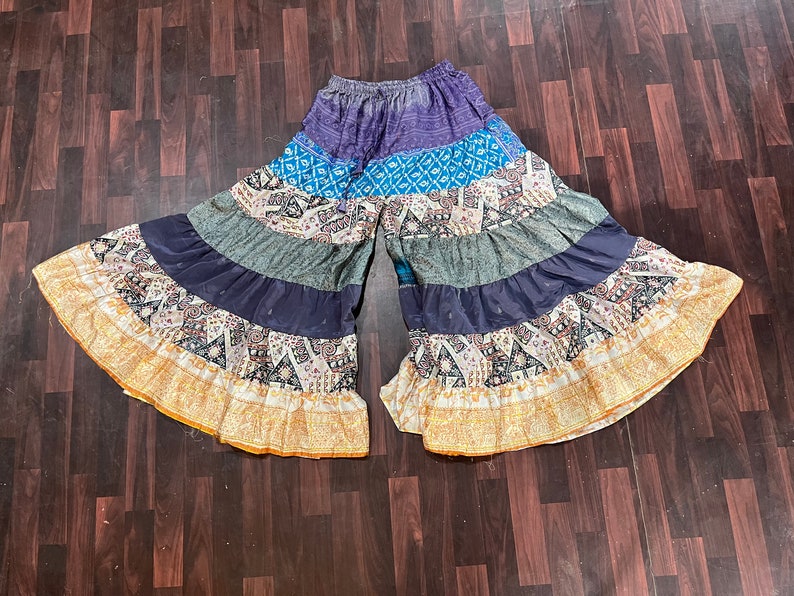 Recycle Sari Silk Multi Layer Palazzo Pant, Tiered Silk Patchwork Pant, Wholesale Lot Of Assorted Color Silk Wide Leg Pant, Comfy Skirt Pant image 8