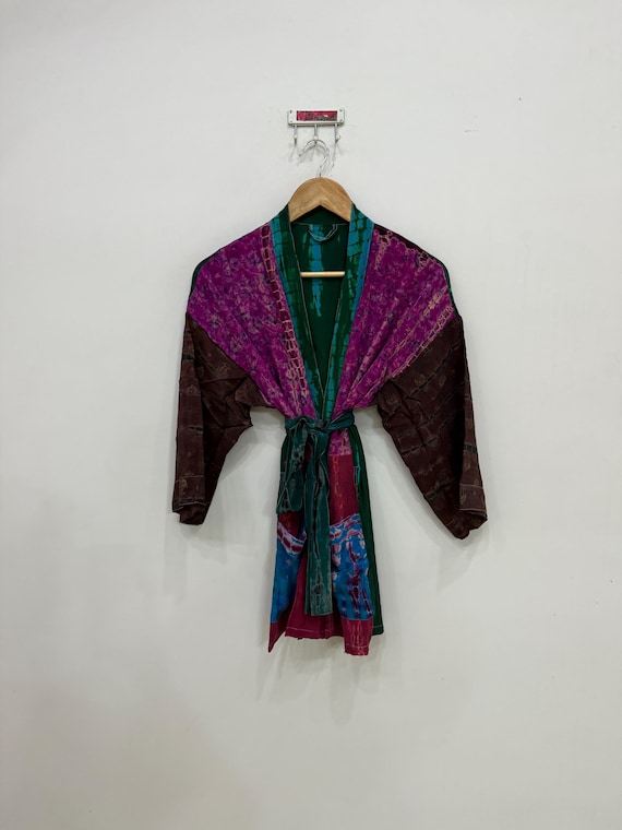 Patchwork Tie Dye Crepe Silk Kimono: Boho Wedding Robe