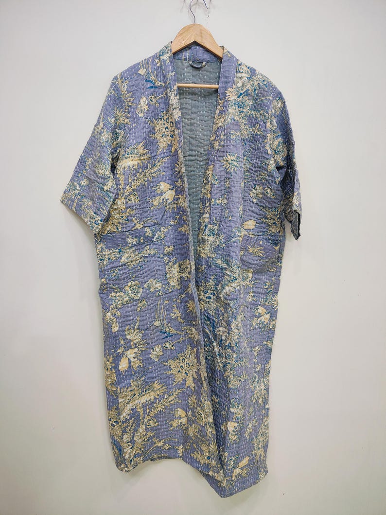 Kantha Jacket Coat | Lightweight Winter Coat | Quilted Kantha Jacket | Loose Fit Adjustable Long Jacket | Warm Winter Kantha Kimono
