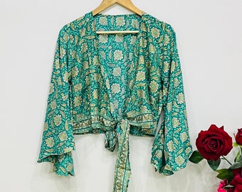 Floral Printed Silk Crop Top, Indian Handmade Bell Sleeve Silk Tie Top, Silk Wrap Blouse For Women, Front Tie Boho Crop Top
