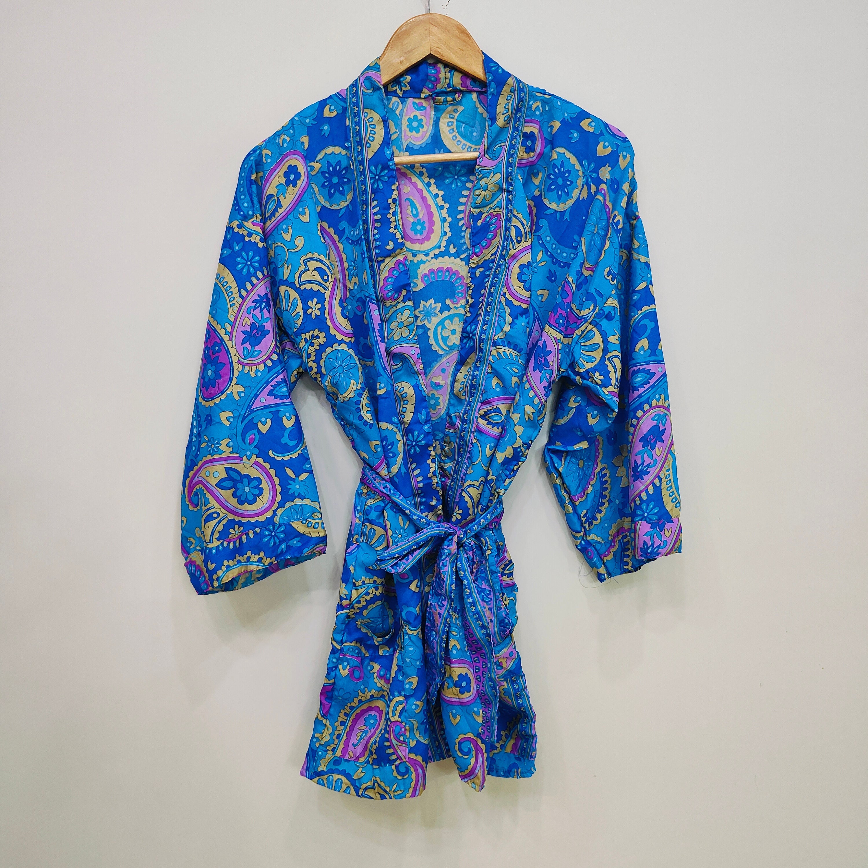 Stylish Blue Color Paisley Printed Pure Silk Short Kimono / Women Silk Kimono / Silk Dressing Gown / Luxury Bridal Robe, Soft Silk Mini Robe