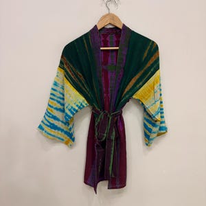 Short Tie Dye Silk Kimono Robe / Belted Boho Wrap Jacket / Colorful Festival Cover Up / Boho Patchwork Silk Kimono / Silk Bathrobe