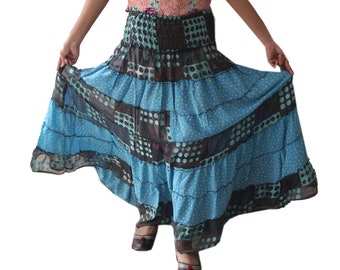 Jupe Patchwork en soie recyclée faite à la main, jupe Maxi longue faite à la main indienne, jupe pour femme, grande jupe Patchwork Boho évasée