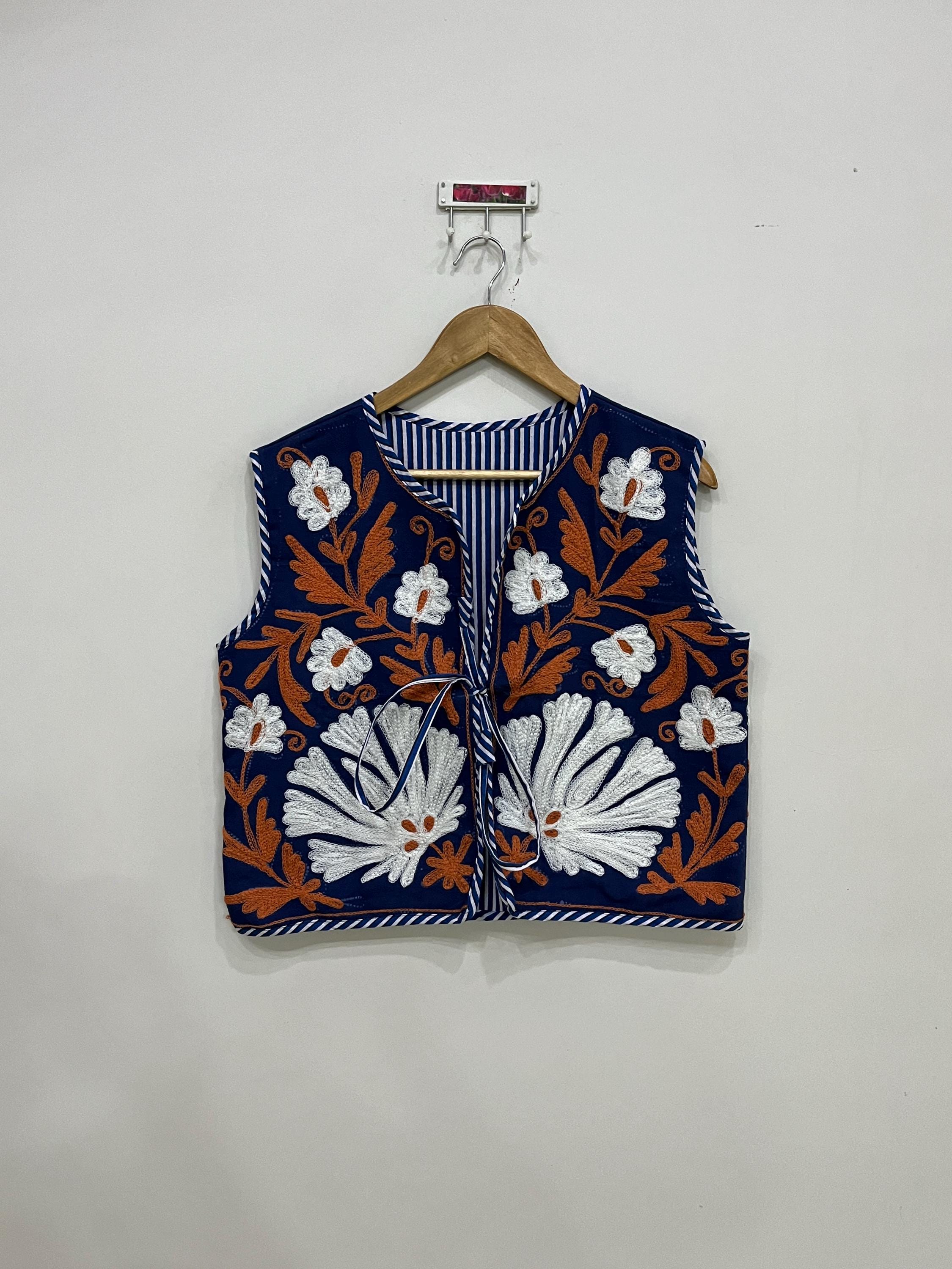 Suzani Vest Jacket, Handmade Floral Embroidery Jacket, Navy Blue