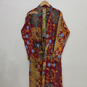 Suzani Embroidered Kimono Jacket, Women Long Suzani Coat, Quilted Kantha Kimono, Bohemian Floral Duster Jacket, Cotton Patchwork Cardigan
