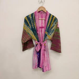 Recycled Silk Sari Patchwork Kimono Robe, Tie Dye Boho Duster Jacket