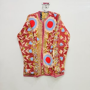 Embroidered Suzani Jacket, Cotton Kantha Jacket, Quilted Jacket For Women, Floral Patchwork Cotton Coat, Handmade Short Hippie Jacket