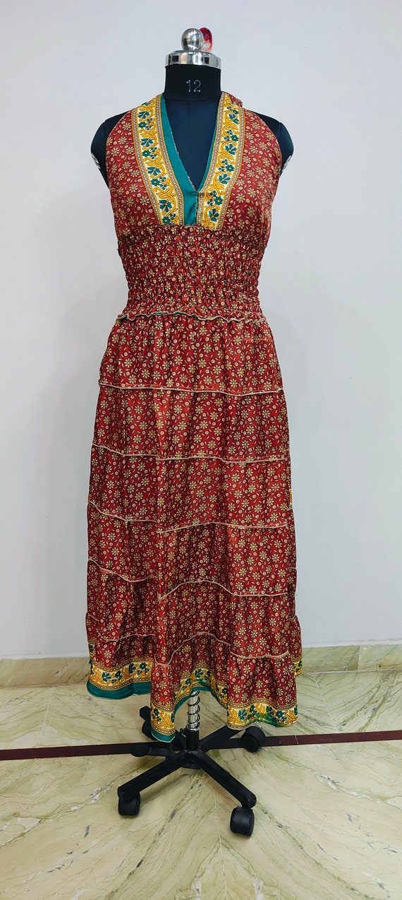 Boho Floral Silk Halter Dress, Indian Maxi Sundress, Festival Outfit Boho Floral Silk Halter Dress, Indian Maxi Sundress, Festival Outfit