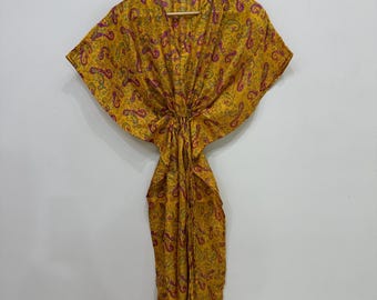 Handgemaakte crêpe zijden kaftan, grote maten boho-strandjurk